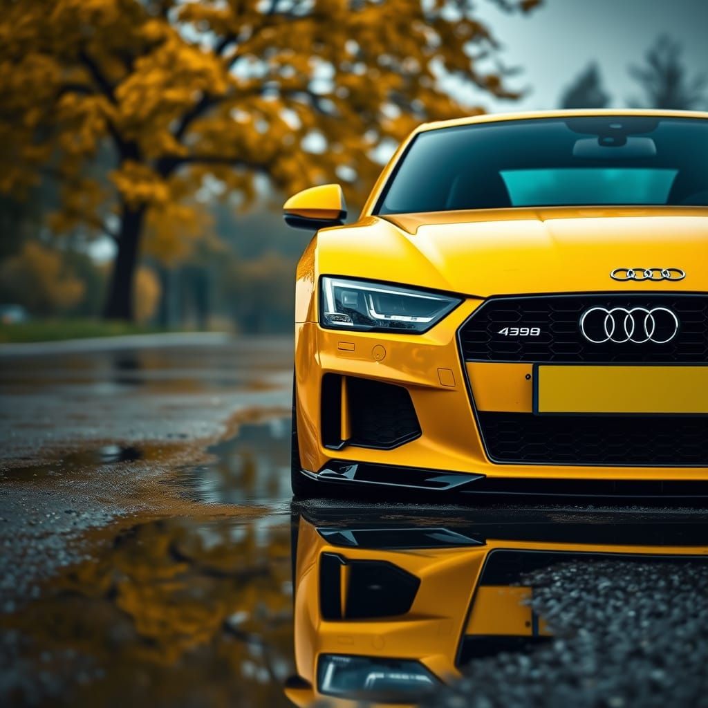 Yellow Audi on Wet Road in Hyperrealistic Style