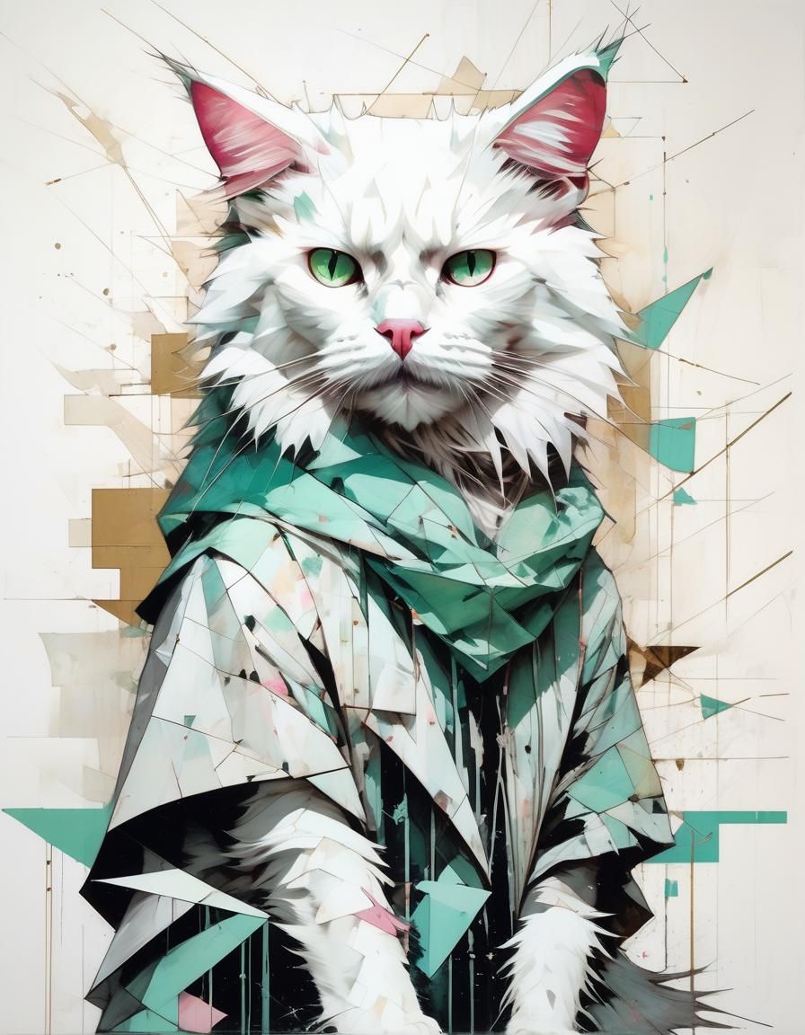 Surreal Oil Painting of White Cat with Geometric Shapes