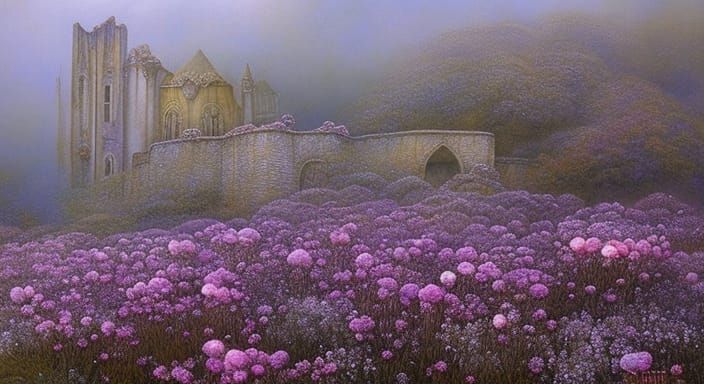 Sunlit Ruins with Roses in Illustrative Style