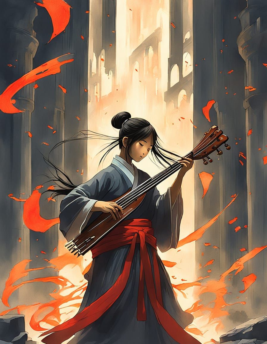 Surreal Anime Art: Koto Music in Shattered Cathedral