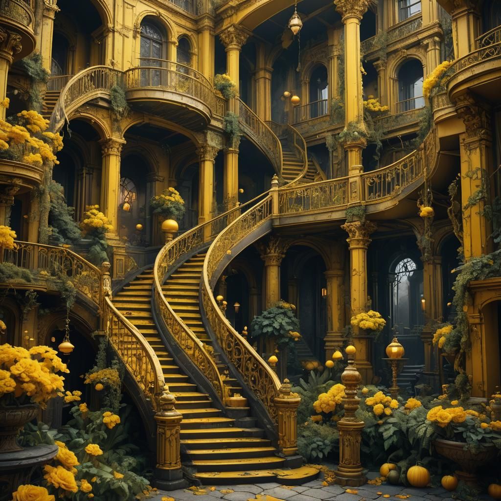 Fantastical Yellow Staircase in Detailed Matte Painting