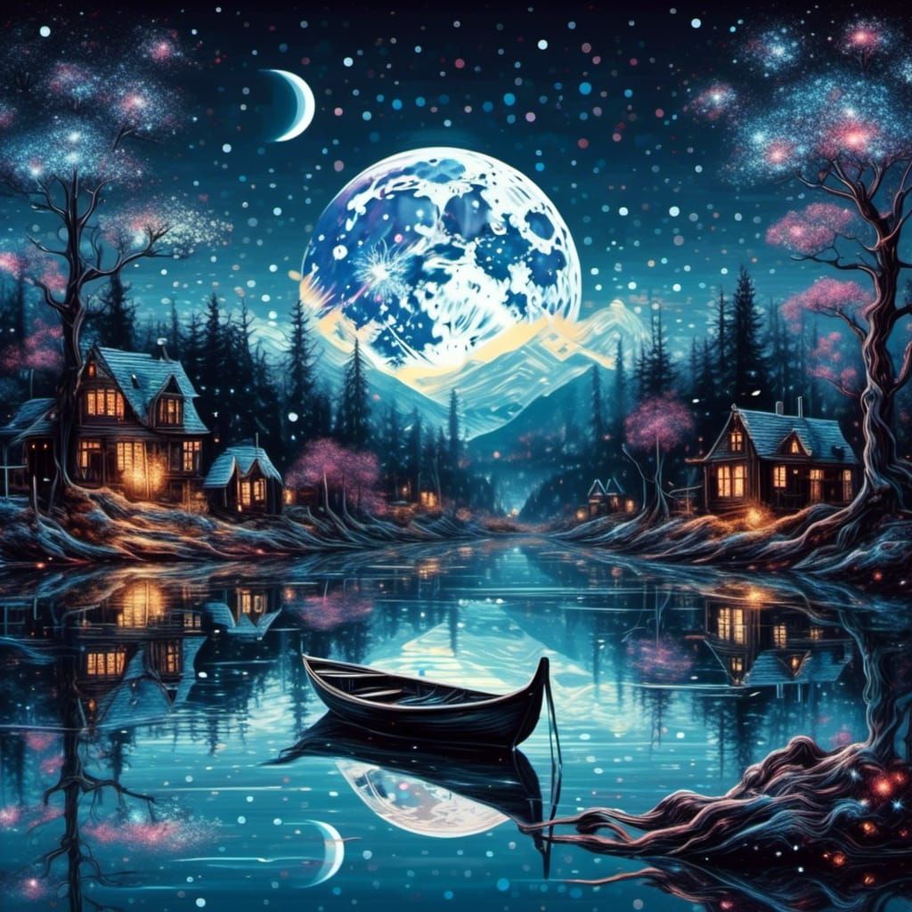 Fantasy Boat on Lake with Astral Sky