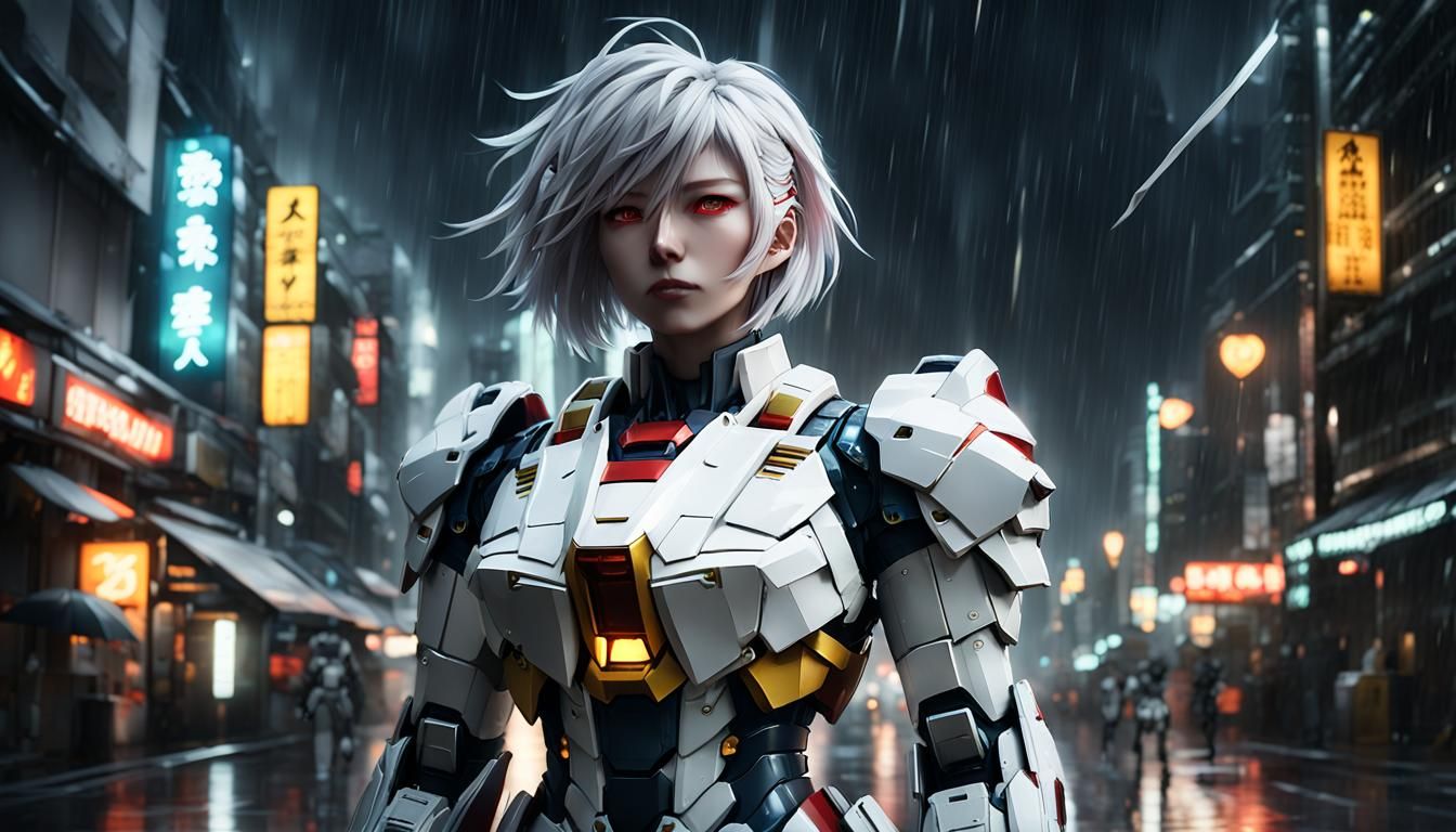 Girl in Gundam Armor on a Rainy Night