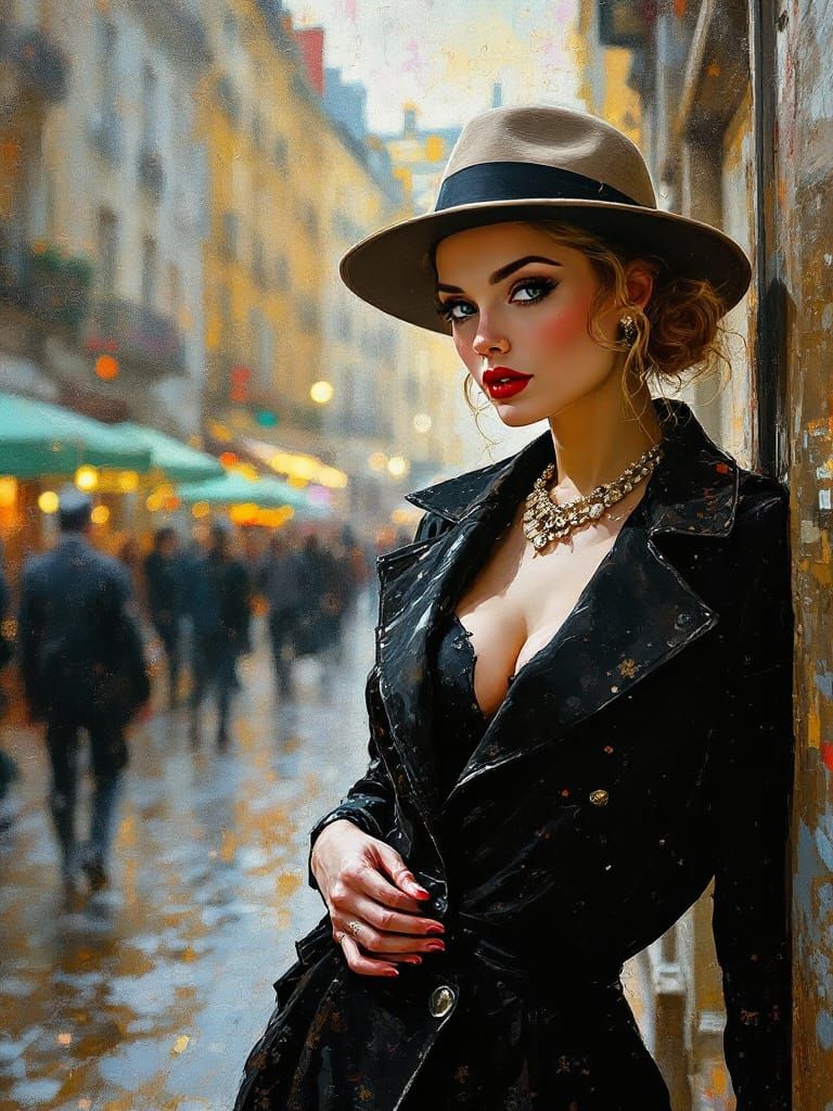 Parisian Street Scene with Pin-Up Figure in Wax Encaustic St...