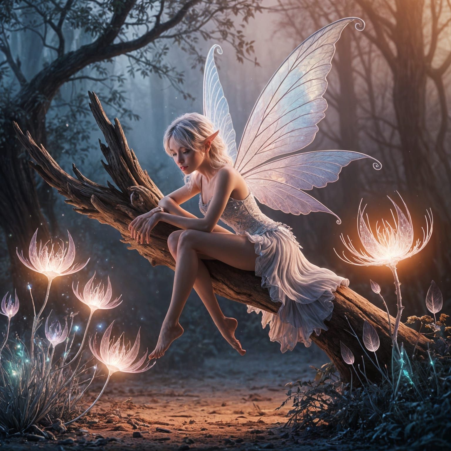 Winter Fairy on Gnarled Branch in Enchanted Forest