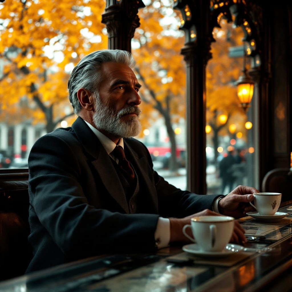 Italian Gentleman in Art Nouveau Bar, Autumn Cityscape