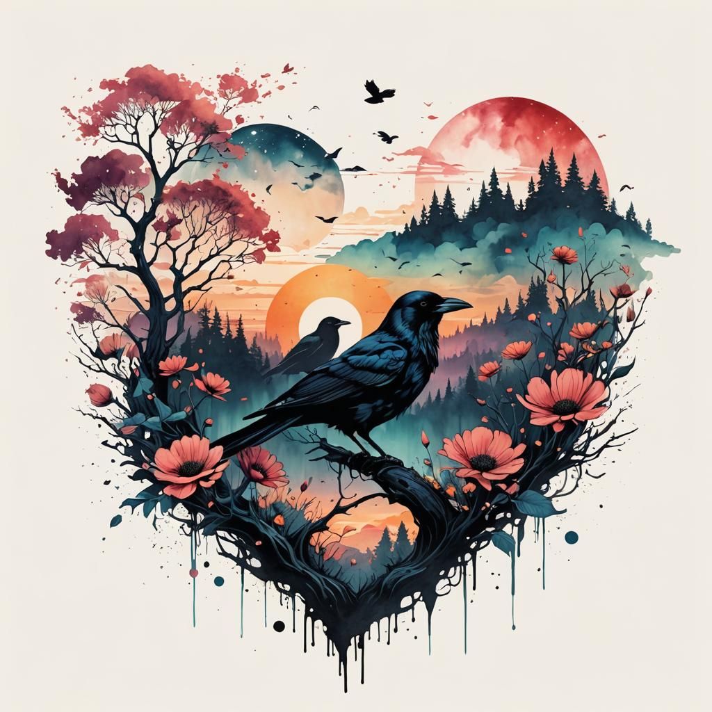 Whimsical Crow with Floral Landscape in Ink Style