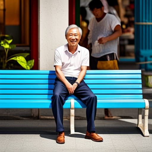 Happy Taiwanese Man on Blue Bench