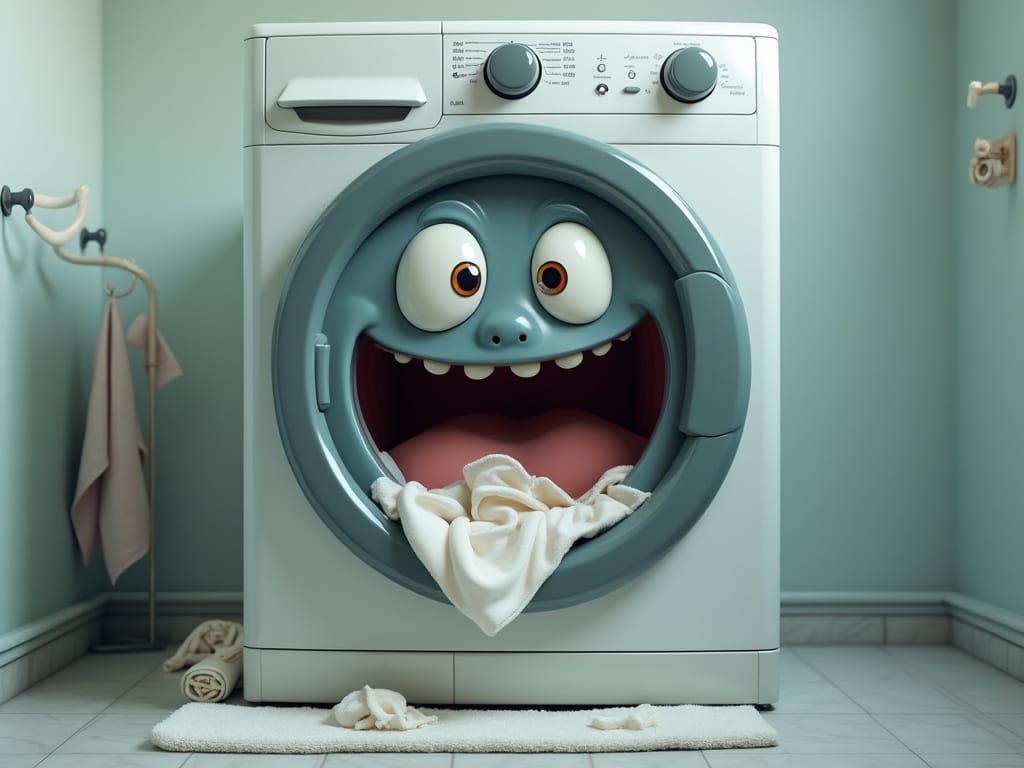 Cartoon Washing Machine Face Chewing Clothes in Bathroom