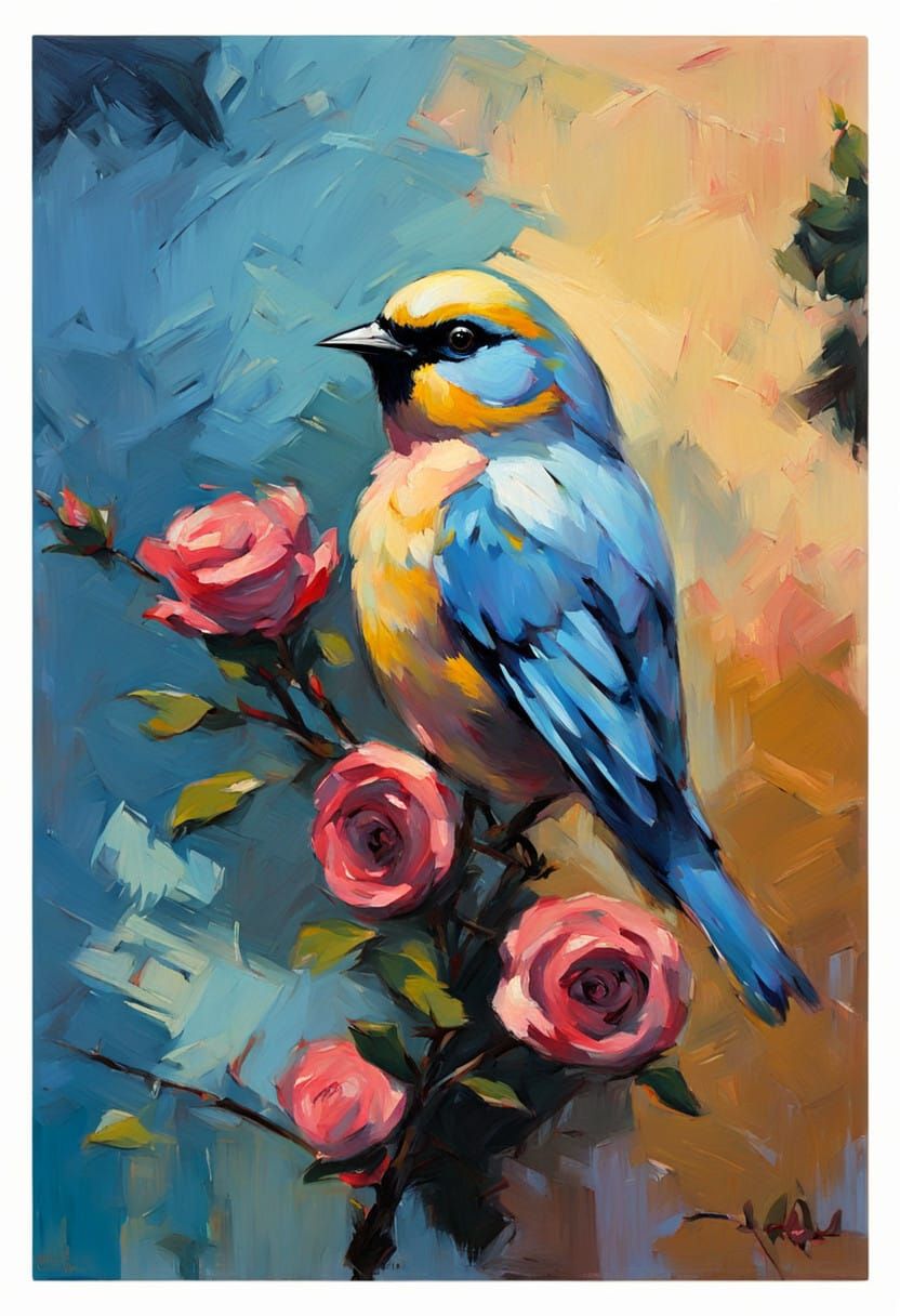 Expressive Impressionist Bird on a Rose