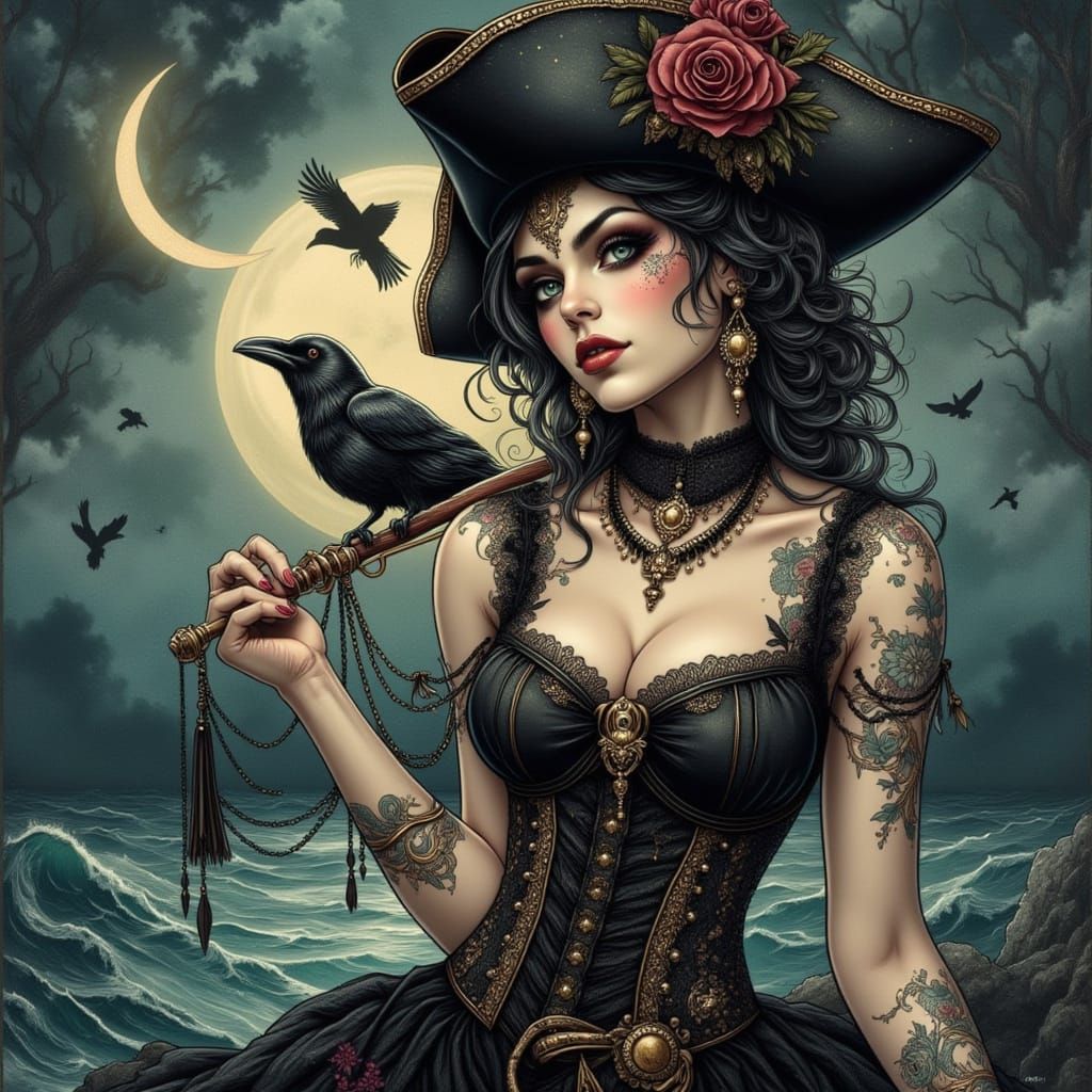 Gothic Pin-Up Pirate Woman in Neo-Traditional Tattoo Style
