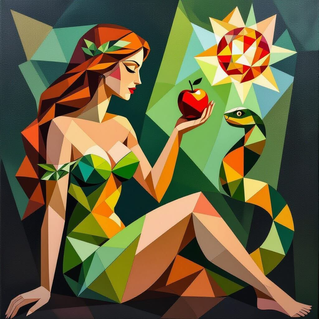 Cubist Eve and Serpent in Geometric Garden
