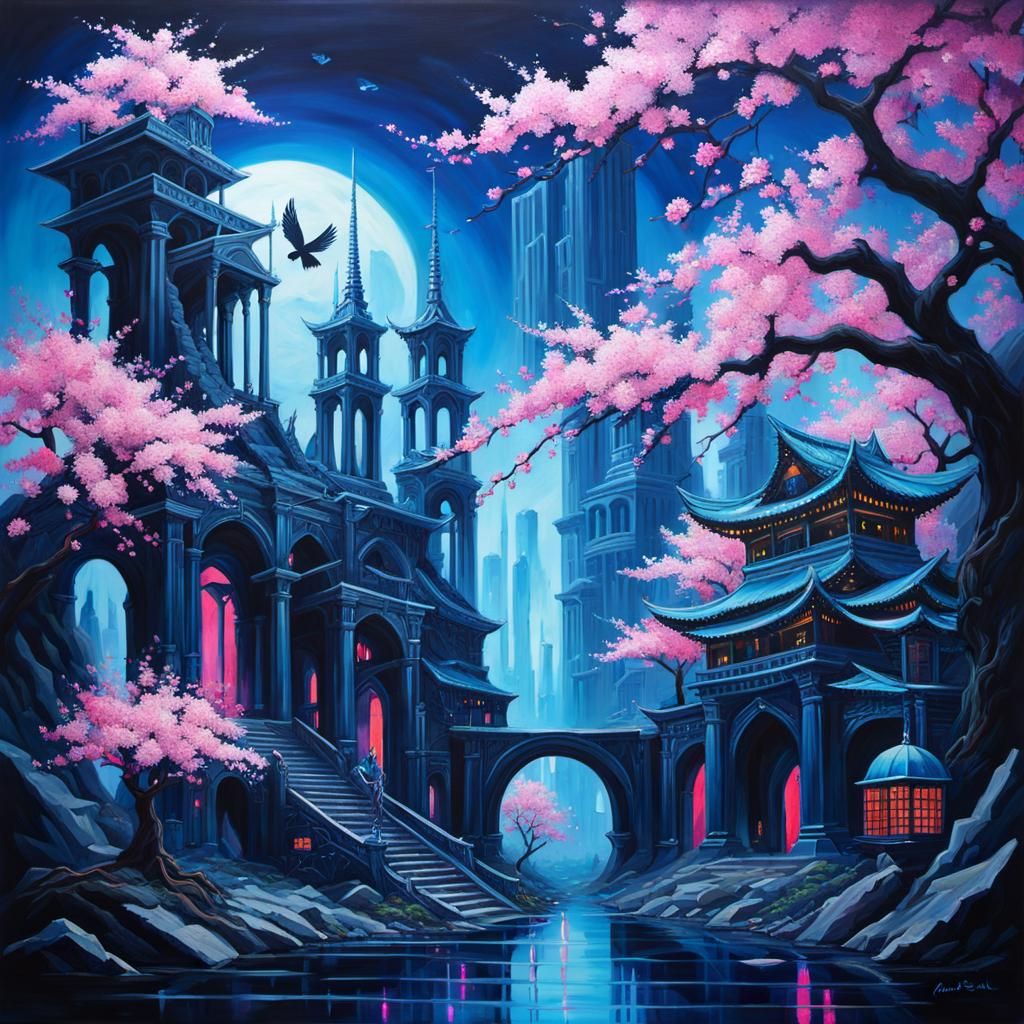 Mermaidpunk Raven in Decaying Arcology, Oil Painting