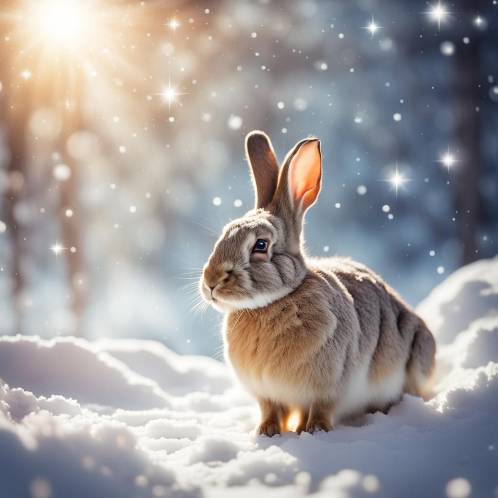 Stargazing Rabbit in Snowy Glade with Sunlight