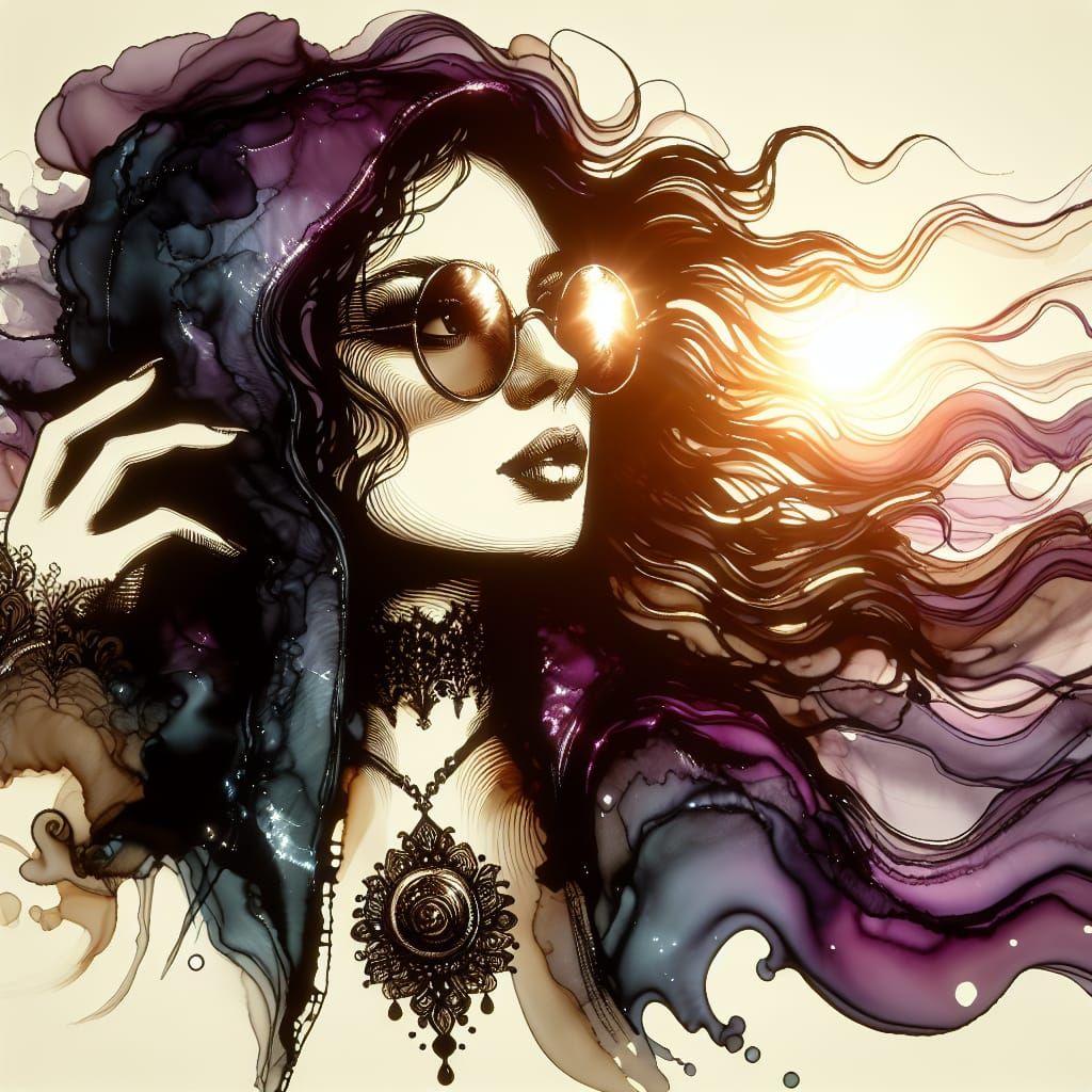 A mystical woman enjoying the warm summer light. Her hair sw...