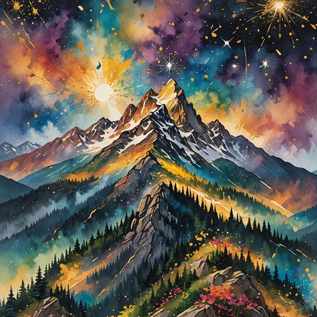 Ink Splatter Mountain Art with Golden Light