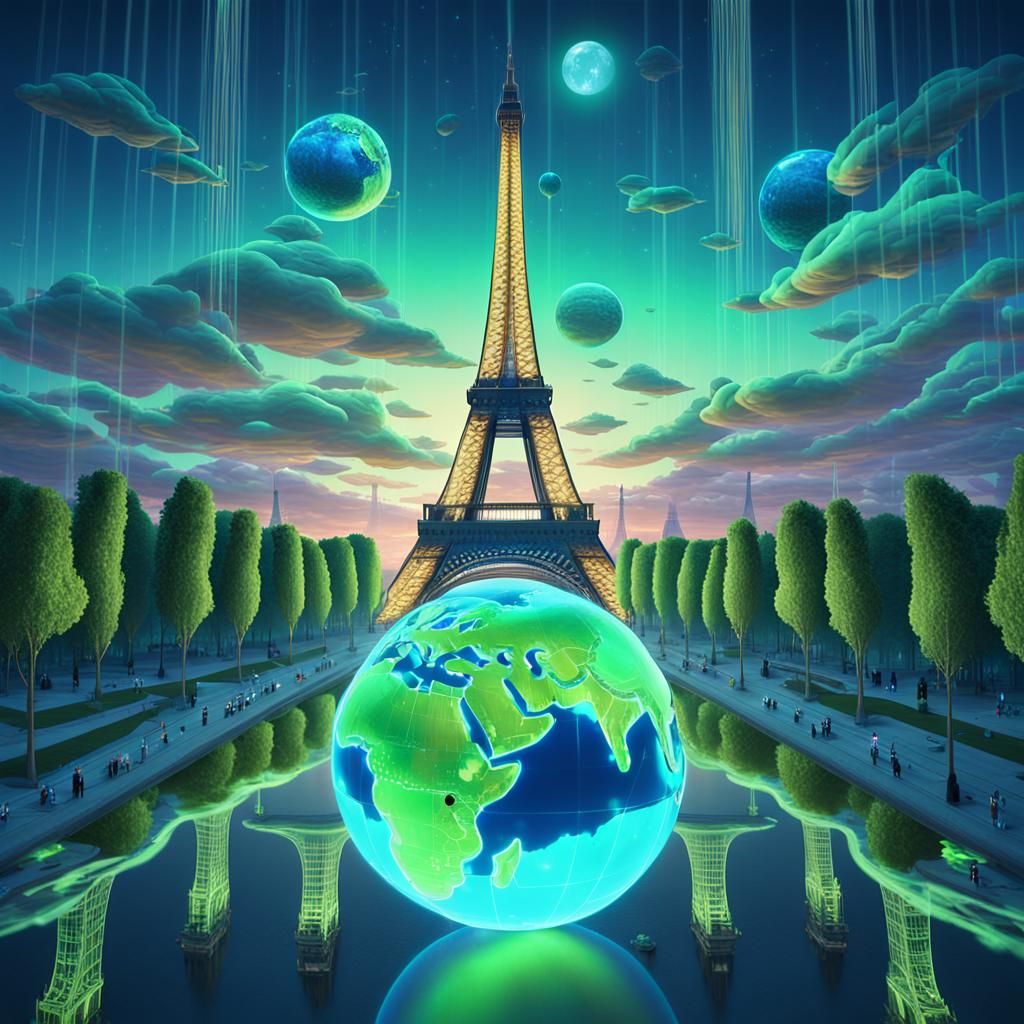 Hologram of Earth Glows Against Eiffel Tower in Dreamlike Ci...