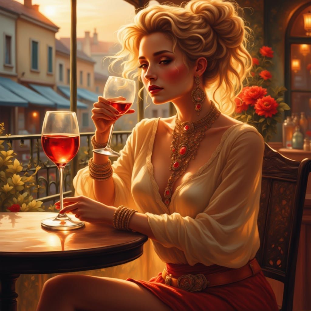 Woman Enjoys Wine at Terrace Bar in Golden Hour