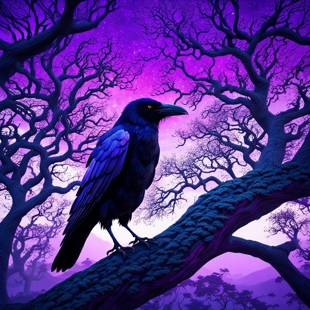 view of a crow on top of a tree, epic fantasy style, purple ...