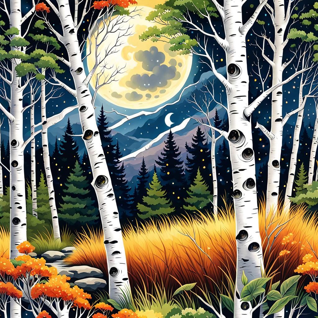 White Birch Tree in Watercolor with Shooting Stars