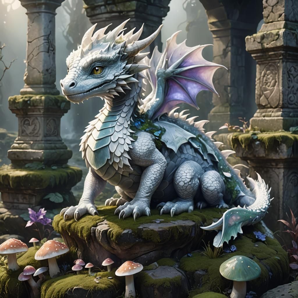 White Dragon Cub in Ethereal Fantasy Landscape