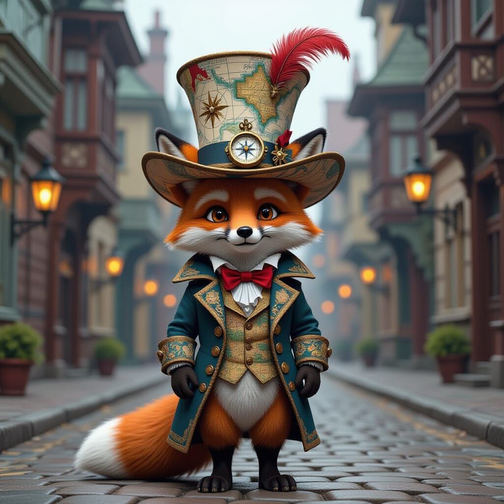 Regal Fox in Antique Map Hat on Whimsical Street