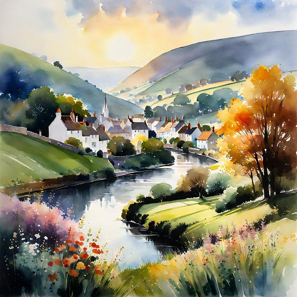 Watercolor painting of a English town