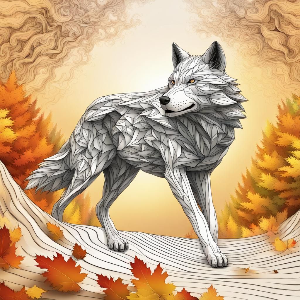Fighting Wolf in Autumn Forest with Abstract Elements