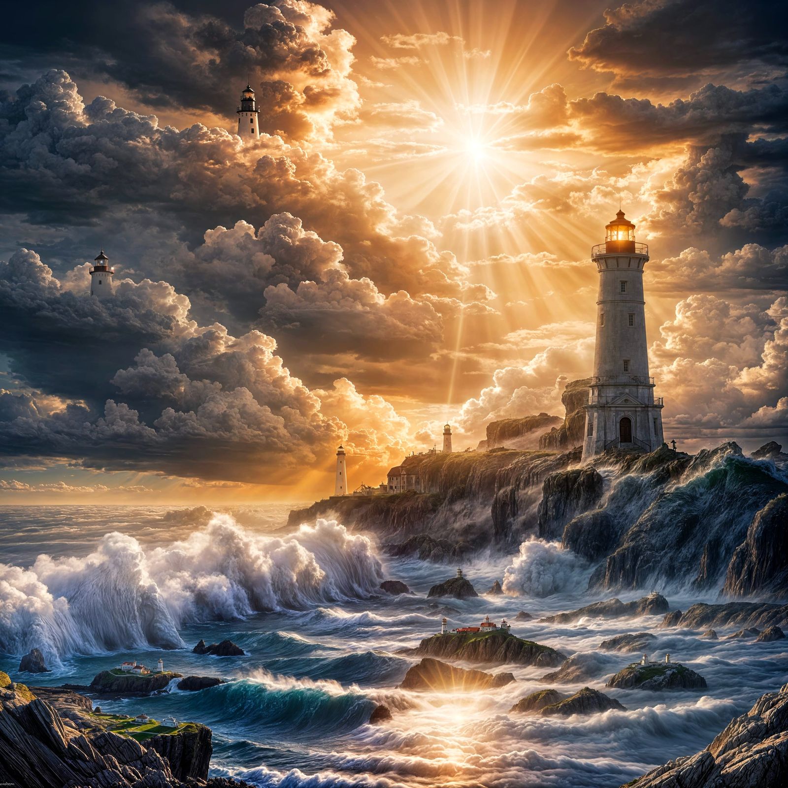 Majestic Lighthouse Amidst Dramatic Clouds and Sun Rays