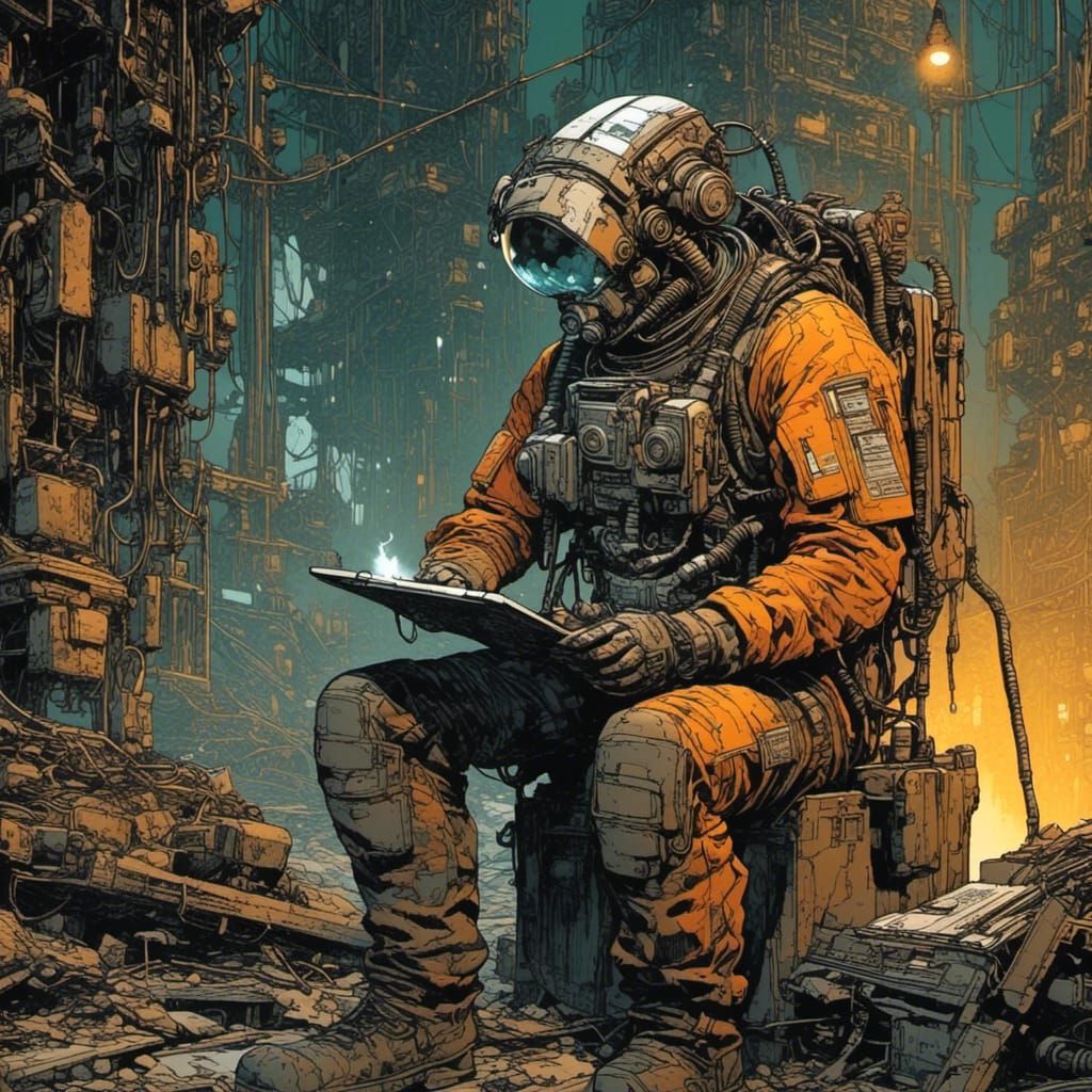 Exhausted Worker Inspects Clipboard in Cyberpunk Mine