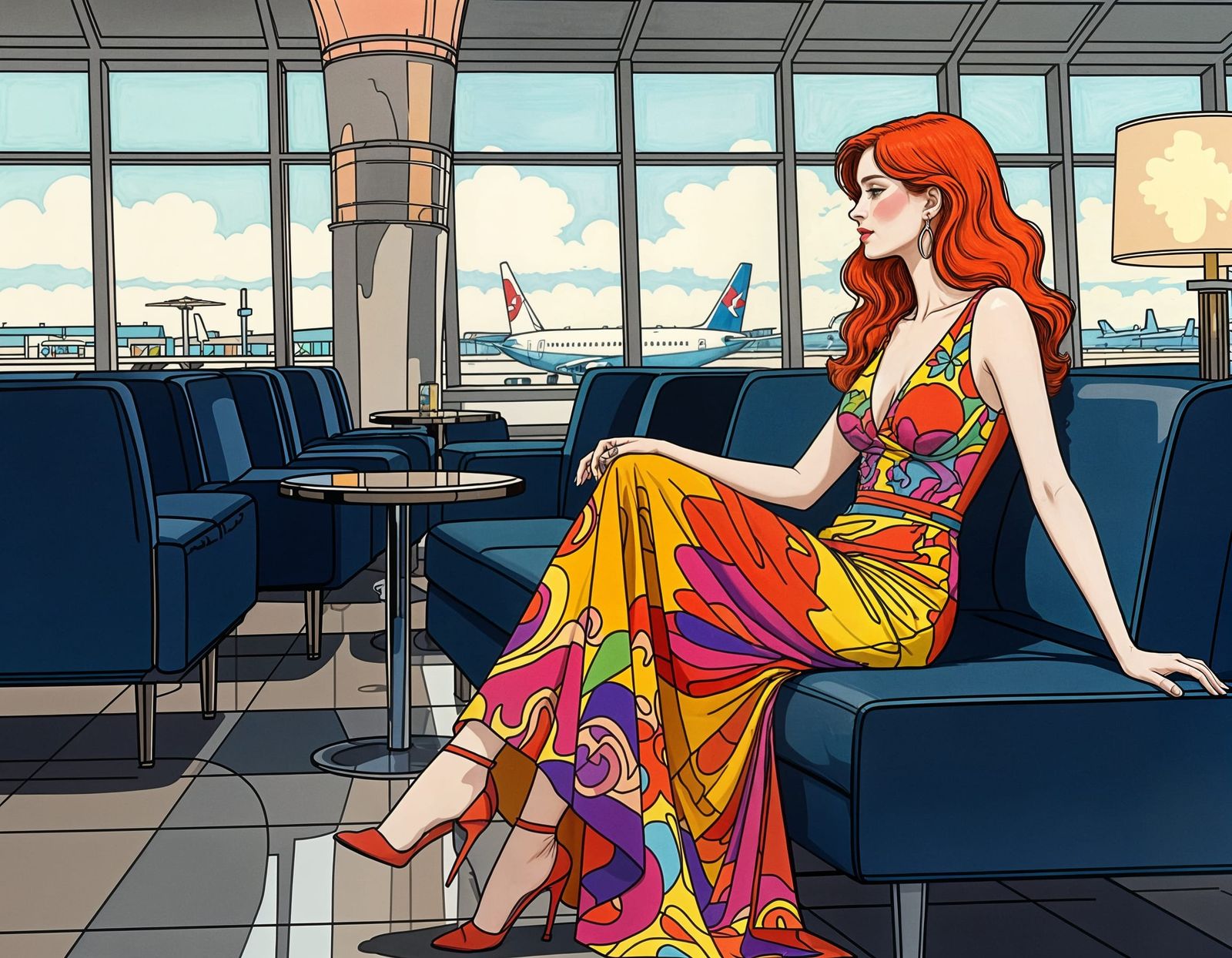 Elegant Woman in Airport Lounge, Colored Ink Drawing