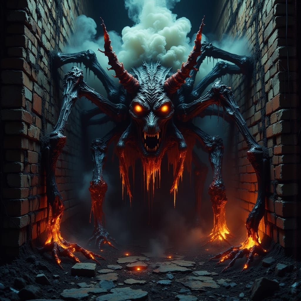 Ethereal Demon in Neon Glow, Suspended on Weathered Brick Wa...