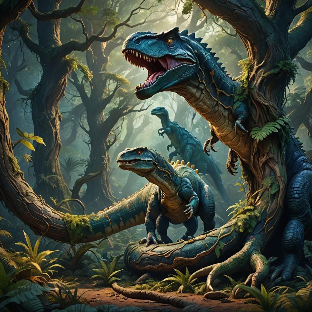 Dinosaur and Snake Entwined in Mystical Forest