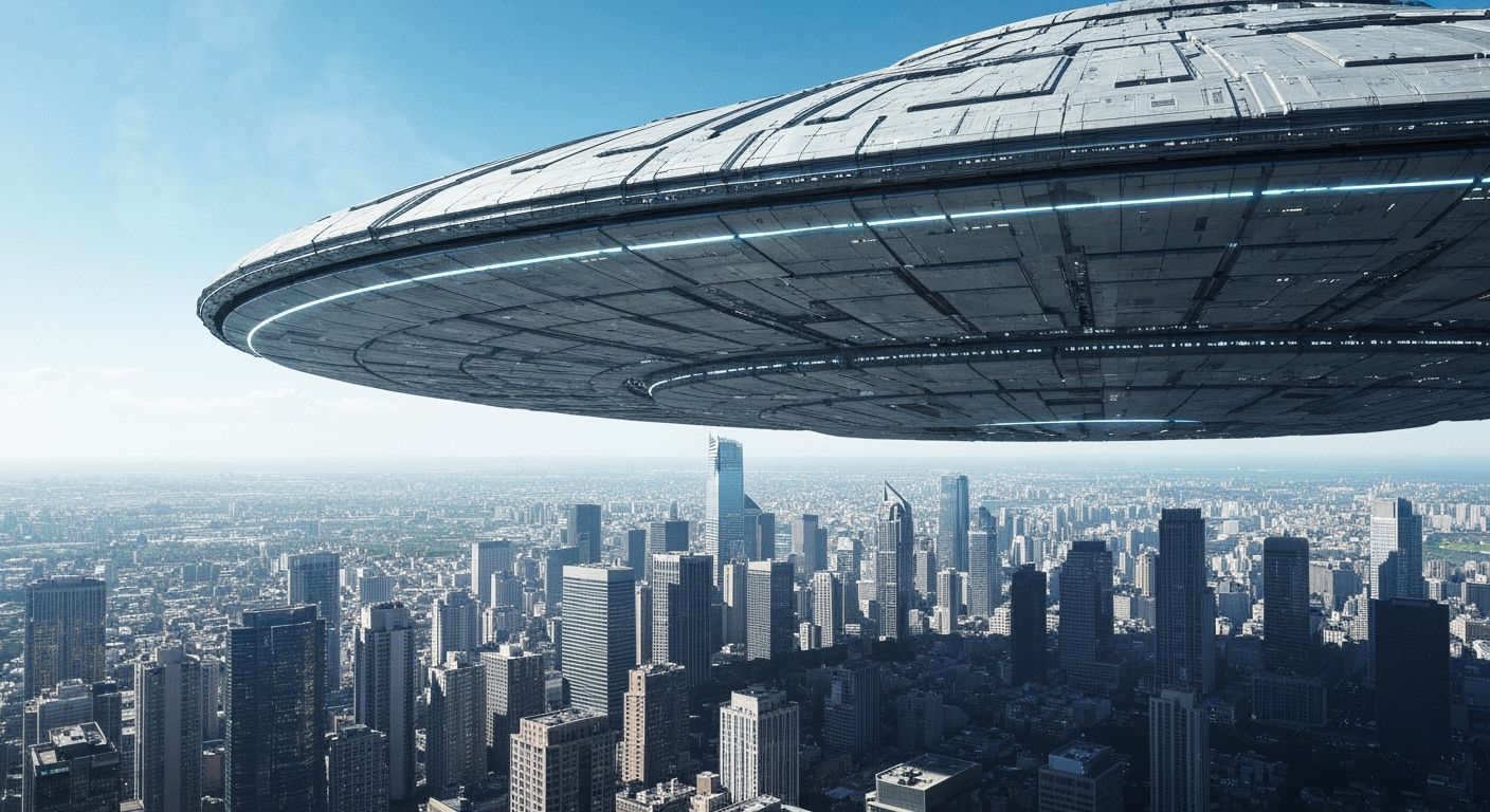 Mass Abduction UFO Over Detailed Cityscape