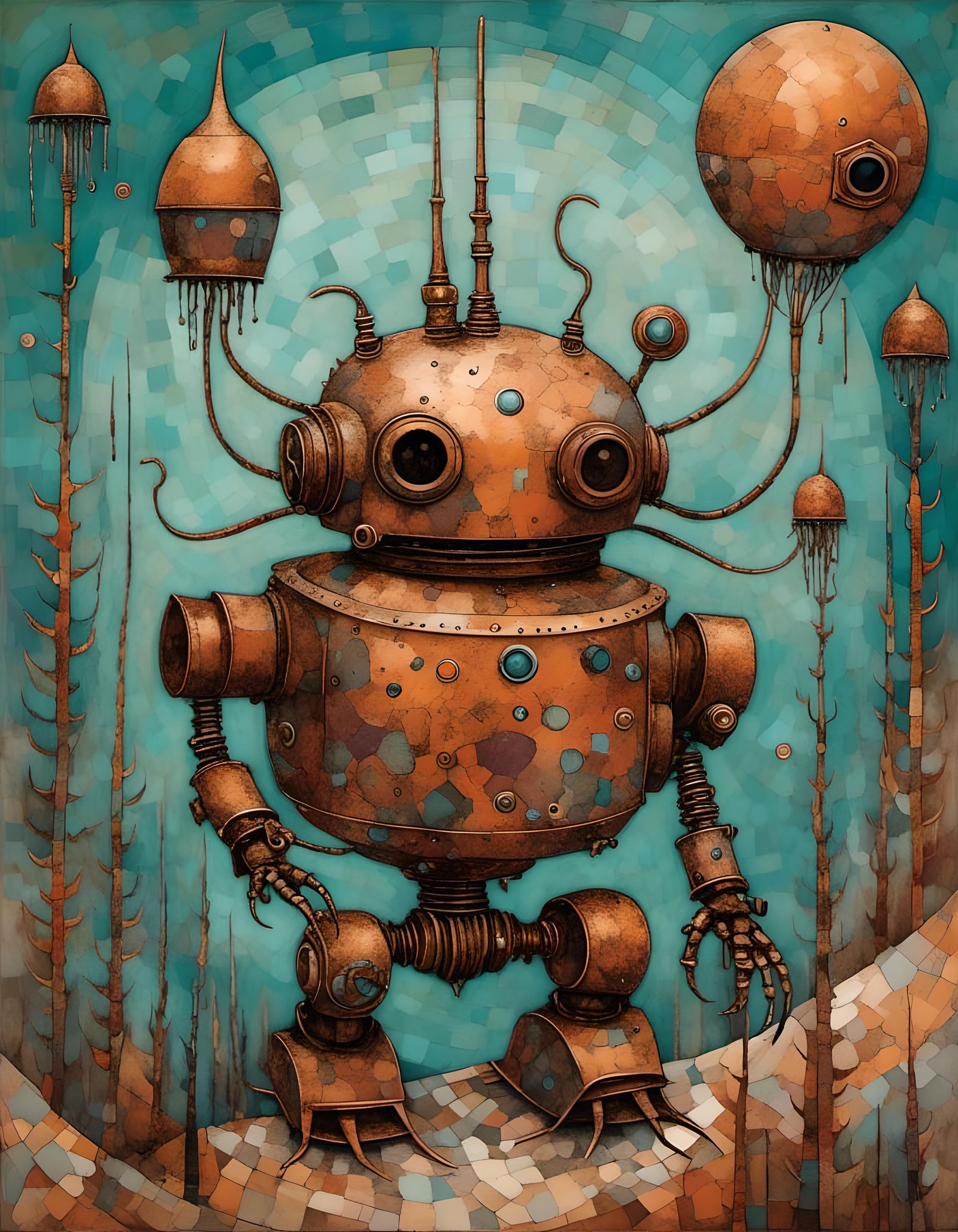 Steampunk Robot's Martian Encounter: Retro Sci-Fi Graphic No...