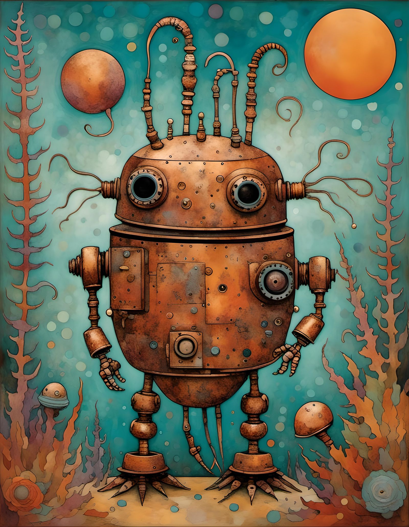 Steampunk Robot on Mars with Squid Aliens