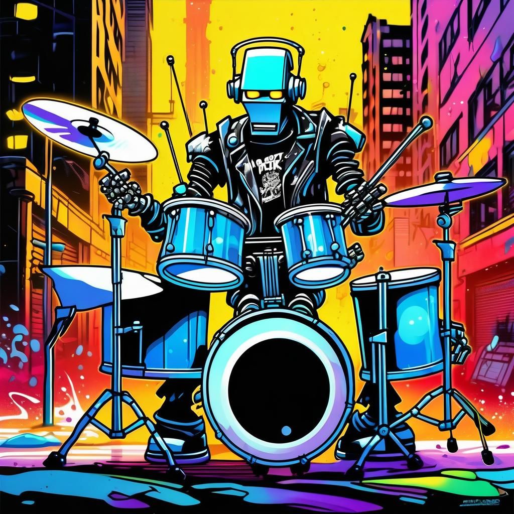 Robot Punk Rocker Drummer in Comic Book Style