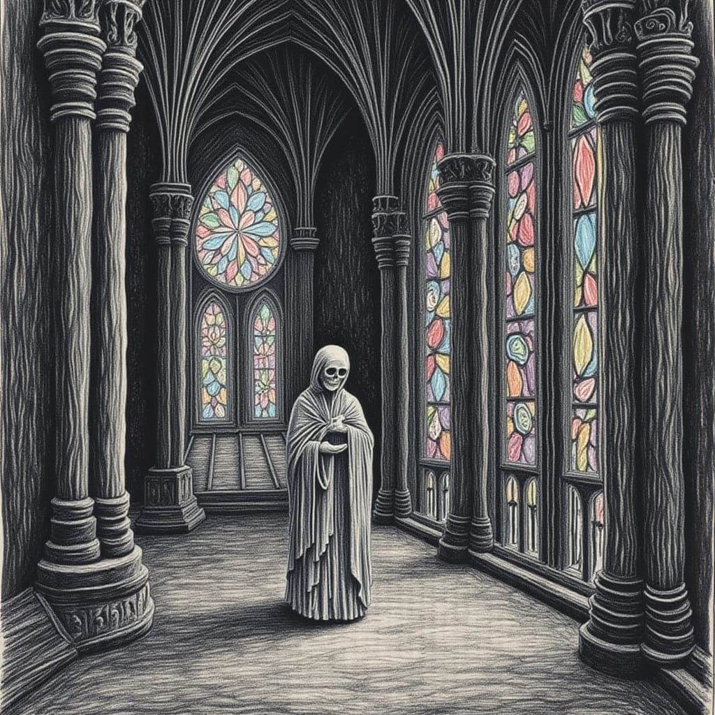 Gothic Cathedral Etching with Stained Glass Windows