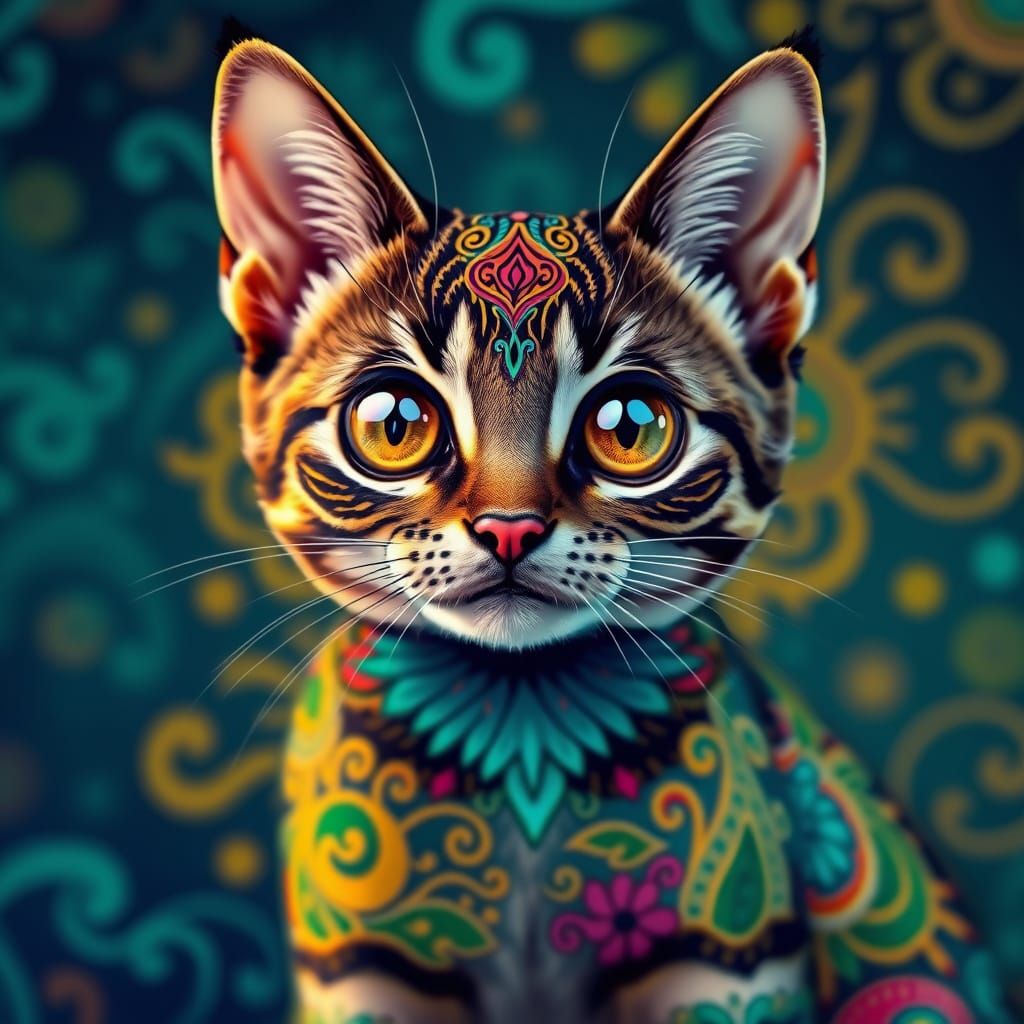 Regal Cat in Vibrant Madhubani Style