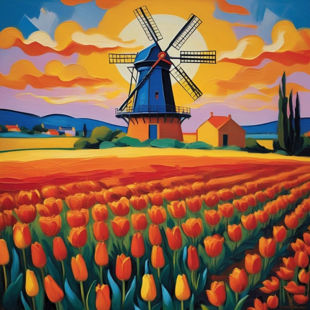 Vibrant Fauvist Windmill Amidst Tulip Field