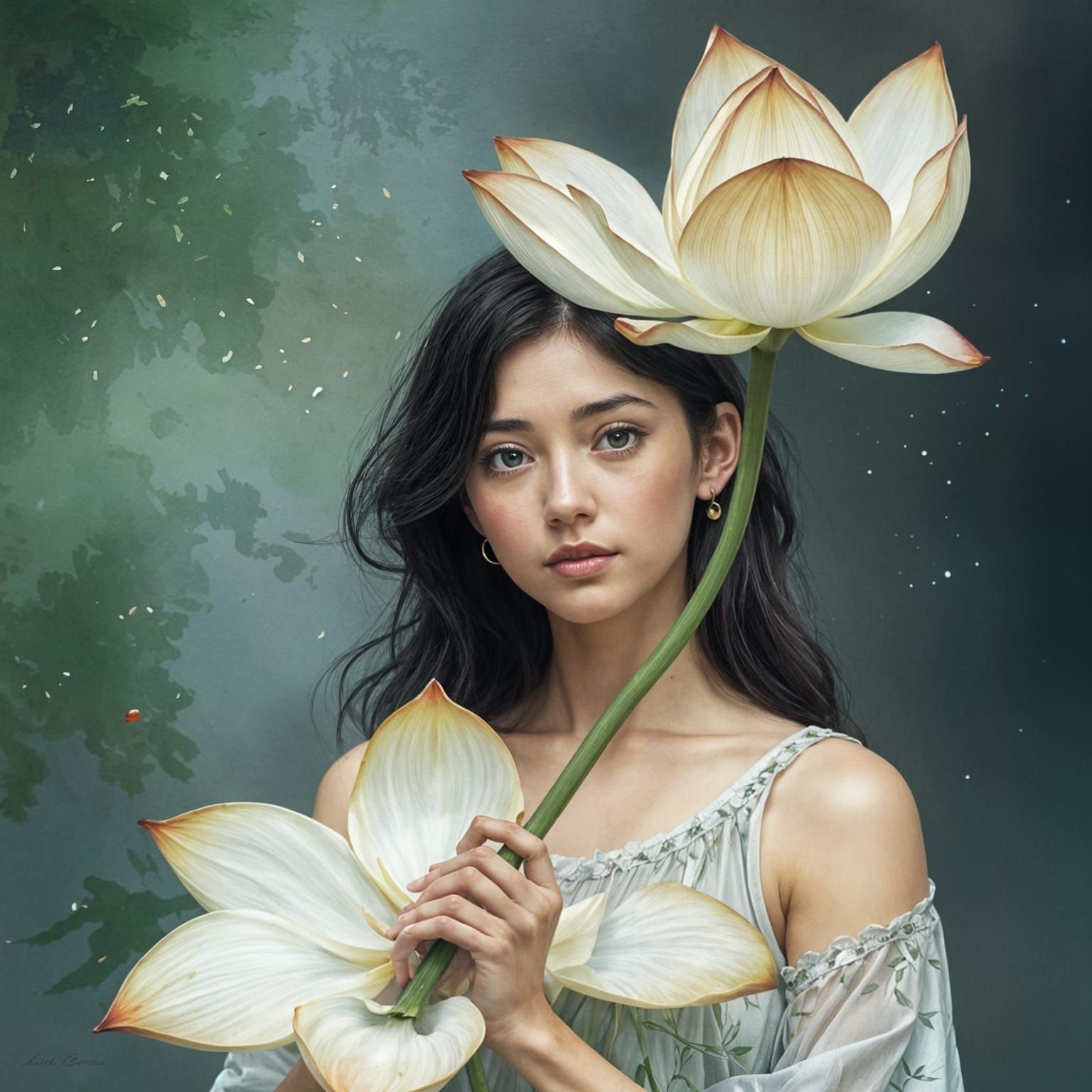 Woman with Lotus Flower in Watercolor Style