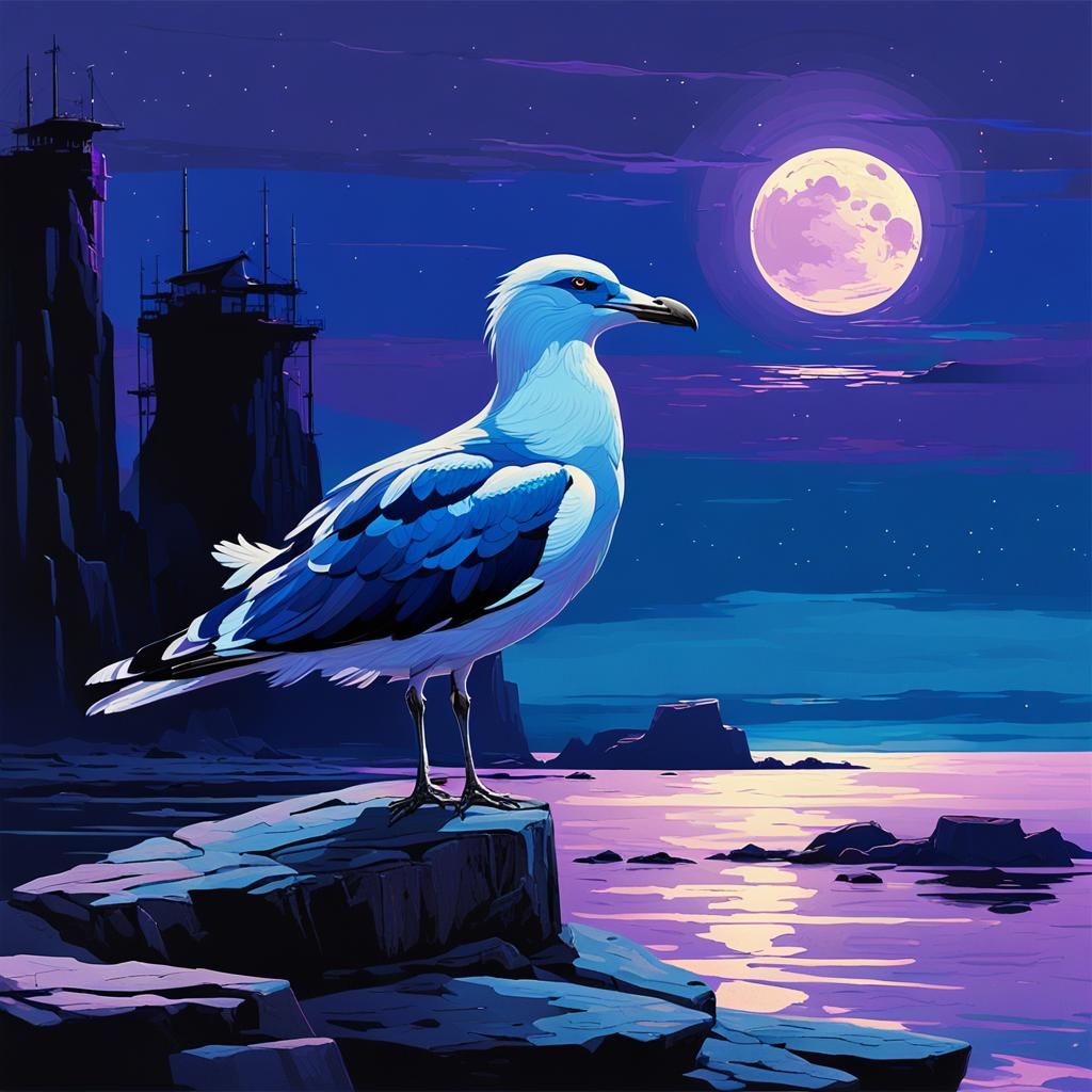 Cyber Seagull Gazing at Moonlit Sea: Cyberpunk Art