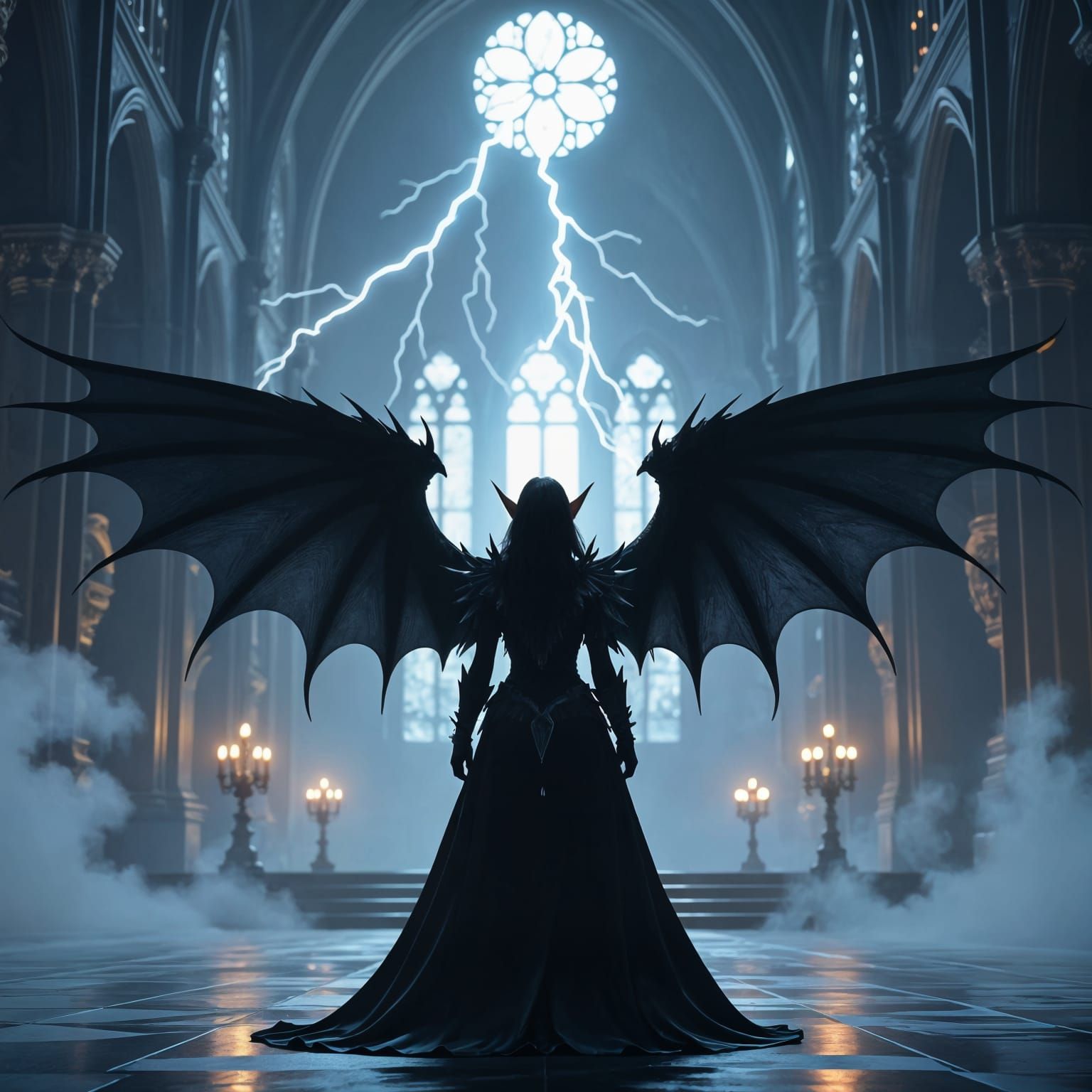 Punk Elf in Gothic Cathedral with Dragon Wings