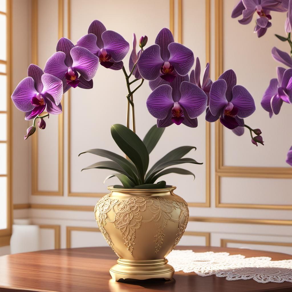 Purple Orchid in Gold Vase: Vibrant 3D Anime Art