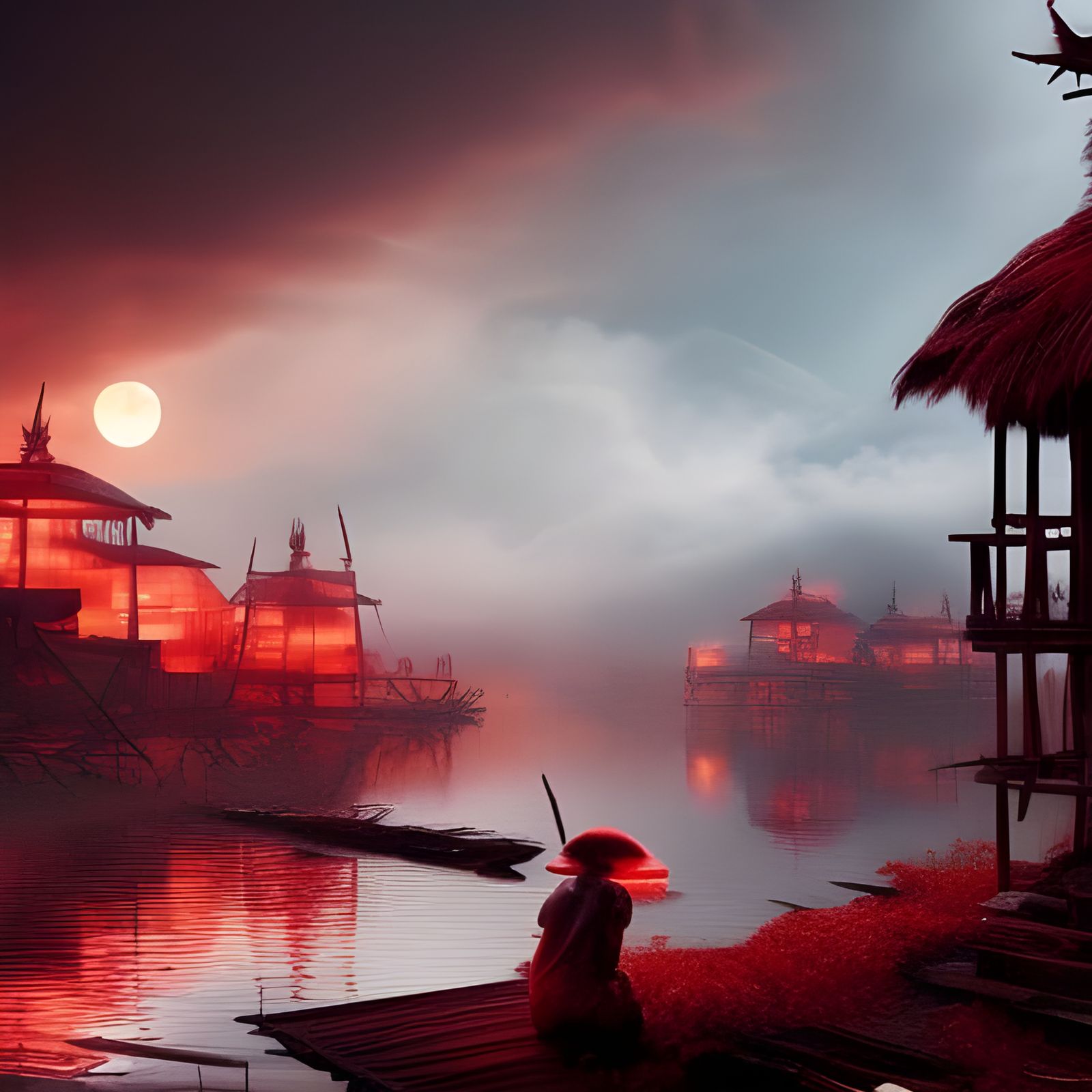 Burning Village Under Red Moon: Dramatic Digital Painting