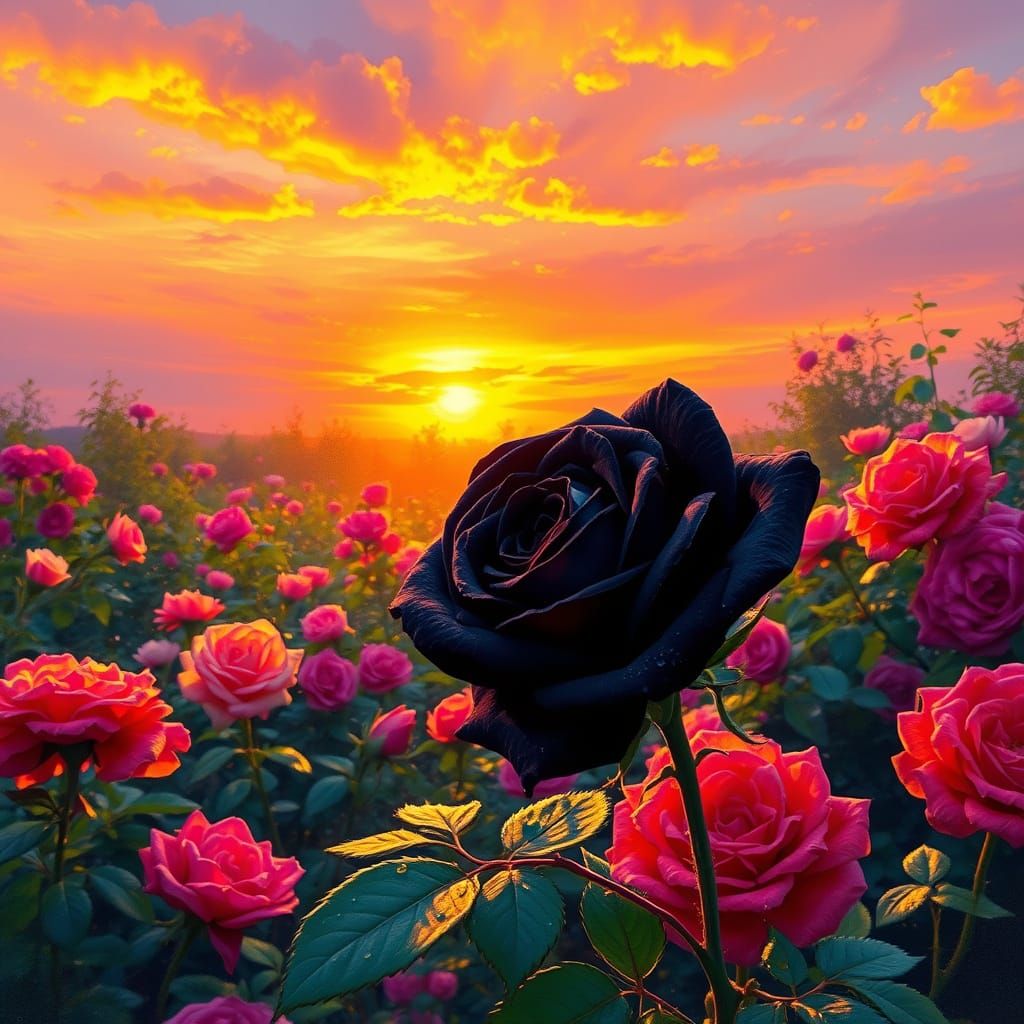 Impressionist Sunset in a Vibrant Rose Garden with a Black R...