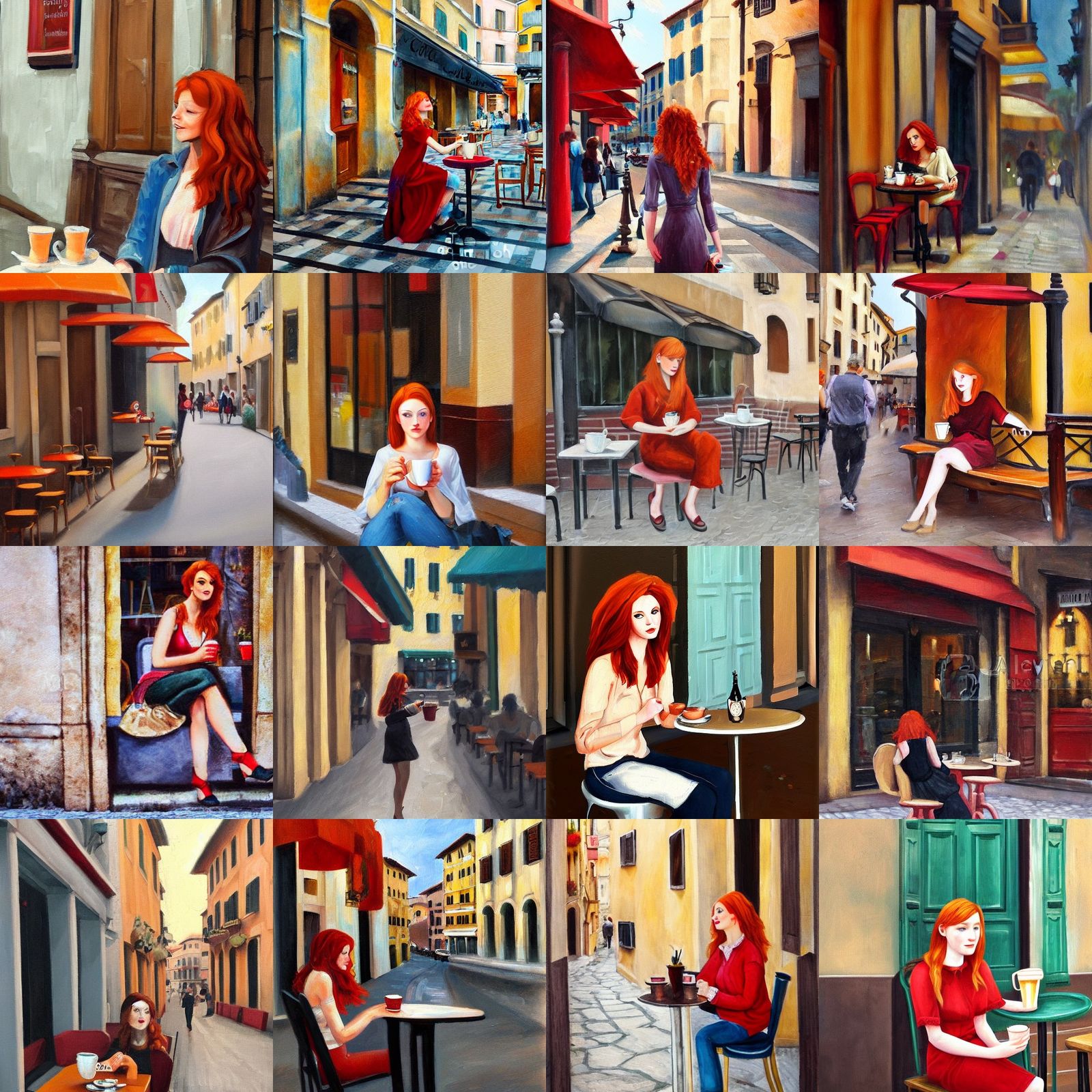 Redhead Woman Having Coffee in Italy, Oil Painting
