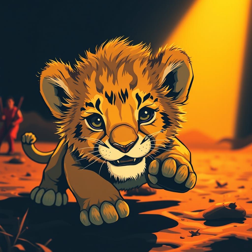 Adorable Chibi Lion Cub in Retrofuturistic Style