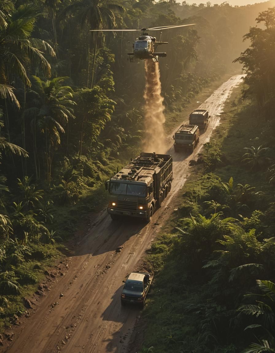 Jungle Convoy in Golden Light: Visceral Film Still