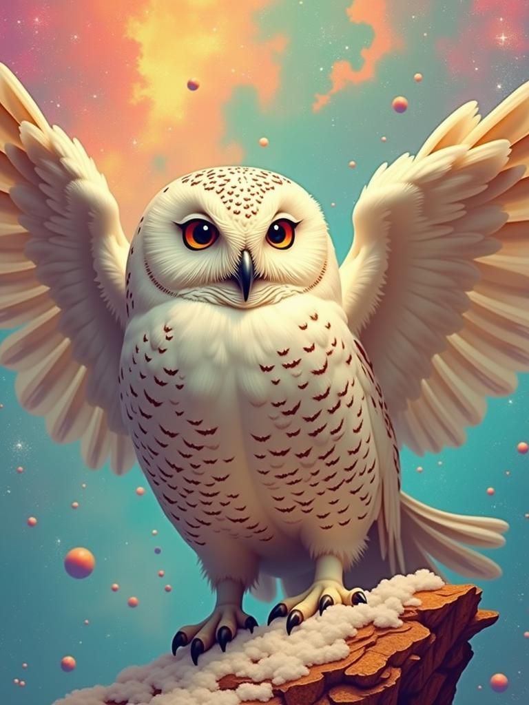 Cosmic Snowy Owl in Pop Art Comic Style